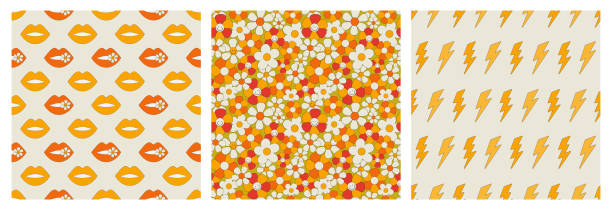 A set of seamless patterns in the hippie style. Pattern with flowers, lips, and lightning bolts. Vector illustration of retro patterns of the 70s A set of seamless patterns in the hippie style. A poster with flowers, lips, and lightning bolts. Vector illustration of retro patterns of the 70s printout stock illustrations
