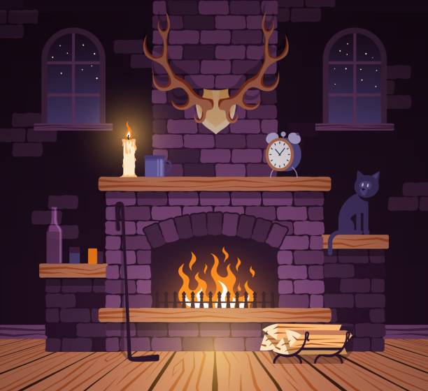stockillustraties, clipart, cartoons en iconen met burning fireplace in the living room with antlers and wooden floor - fireplace