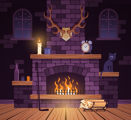Burning fireplace in the living room with antlers and wooden floor. Stone Fireplace in a dark, cozy home environment. Vector illustration.