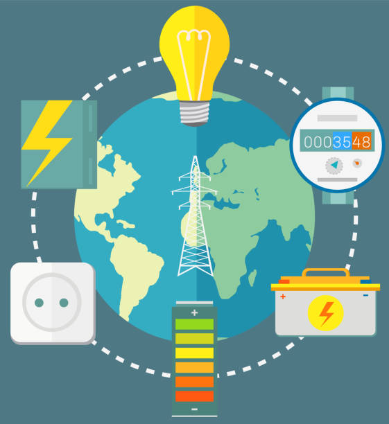 Battery, counter, light bulb as symbols of non-renewable energy. Electricity consumption on Earth Electricity consumption on Earth. Items related to electricity around planet. Energy production and consumption, environmental impact. Battery, counter, light bulb as symbols of non-renewable energy nonrenewable resources stock illustrations