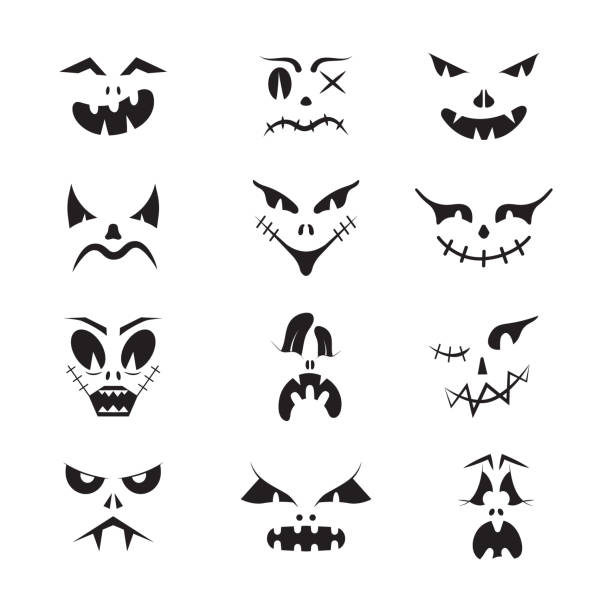 Scary Halloween faces vector set. Halloween pumpkin or ghost grimaces. Scary Halloween faces vector set. Halloween pumpkin or ghost grimaces. Terrible eyes and mouth with a silhouette style. Emotions of skeletons for makeup, a night party. scary clown mouth stock illustrations