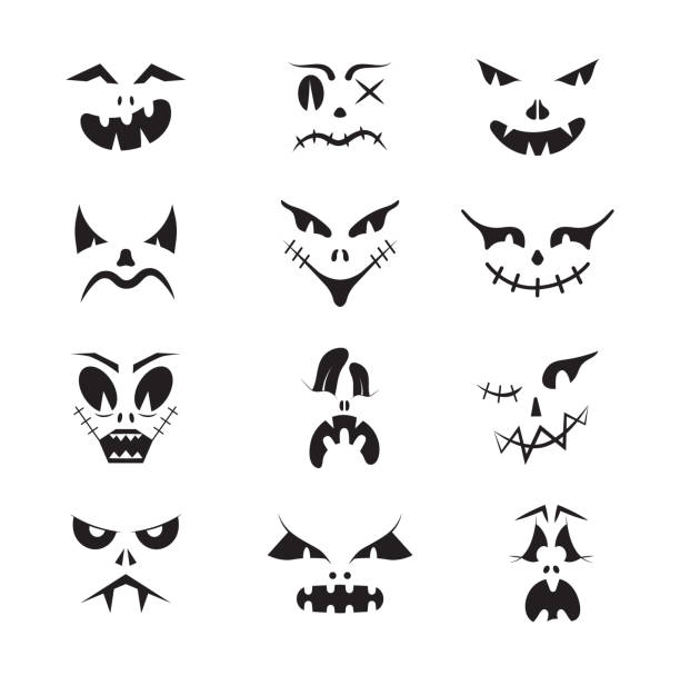 Scary Halloween faces vector set. Halloween pumpkin or ghost grimaces. Scary Halloween faces vector set. Halloween pumpkin or ghost grimaces. Terrible eyes and mouth with a silhouette style. Emotions of skeletons for makeup, a night party. evil joker silhouette stock illustrations