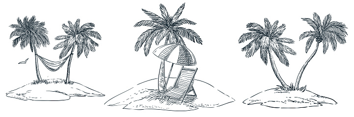 Tropical islands with palm trees, hammock, parasol and chaise longue. Vector hand drawn sketch landscape illustration. Summer beach vacation design elements
