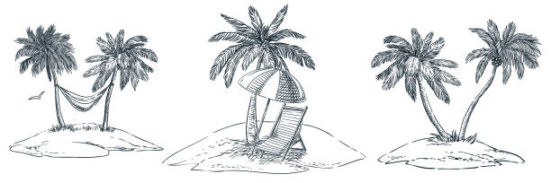 Tropical islands with palm trees, hammock, parasol and chaise longue. Vector hand drawn sketch landscape illustration Tropical islands with palm trees, hammock, parasol and chaise longue. Vector hand drawn sketch landscape illustration. Summer beach vacation design elements hammock stock illustrations