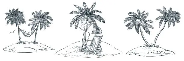 Vector illustration of Tropical islands with palm trees, hammock, parasol and chaise longue. Vector hand drawn sketch landscape illustration