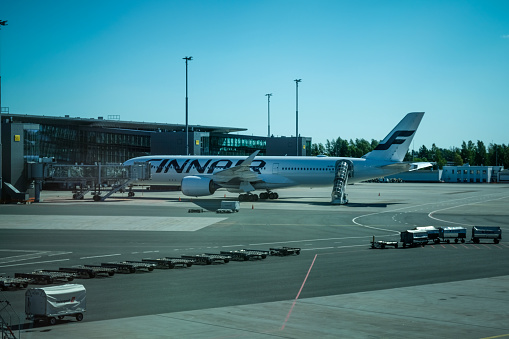 Helsinki, Finland - 08 13 2021: Finnair airplane boarding in Helsinki Vantaa Airport, Finland