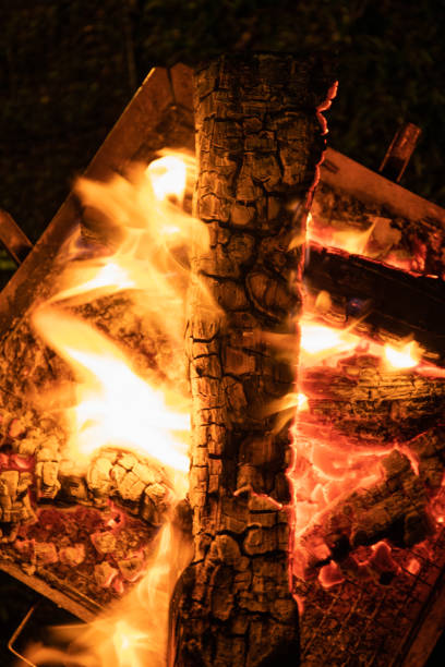 lagerfeuer brennendes flammenbrennholz im lager - fire pit fire camping burning stock-fotos und bilder