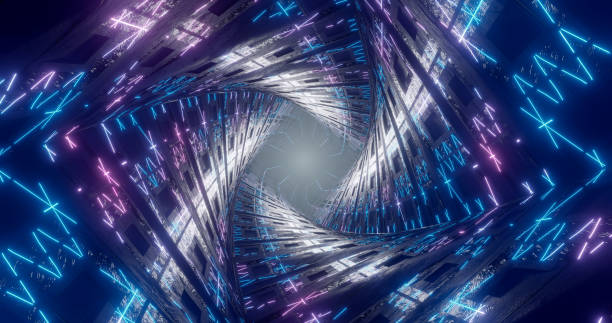 istock 3D rendering. Flying through an endless luminous tunnel. Design with neon luminous particles. Hyper loop. Abstract creative futuristic background. Reflective surfaces. colorful lights. 1334606598