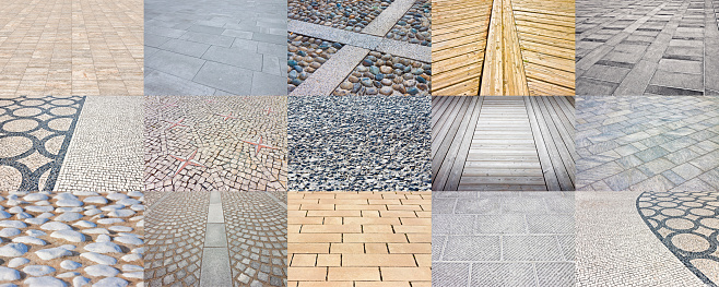 Collection of pictures about different modern an traditional paving for outdoor use made of stone, wood, pebbles and brick
