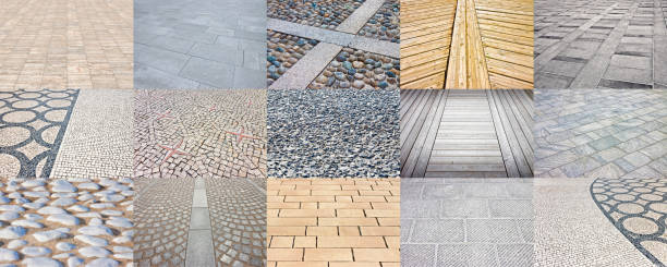 collection of pictures about different modern an traditional paving for outdoor use made of stone, wood, pebbles and brick - driveway brick paving stone interlocked imagens e fotografias de stock