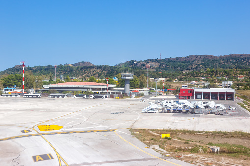 Zakynthos, Greece - September 21, 2020: Old terminal and tower of Zakynthos airport (ZTH) in Greece.