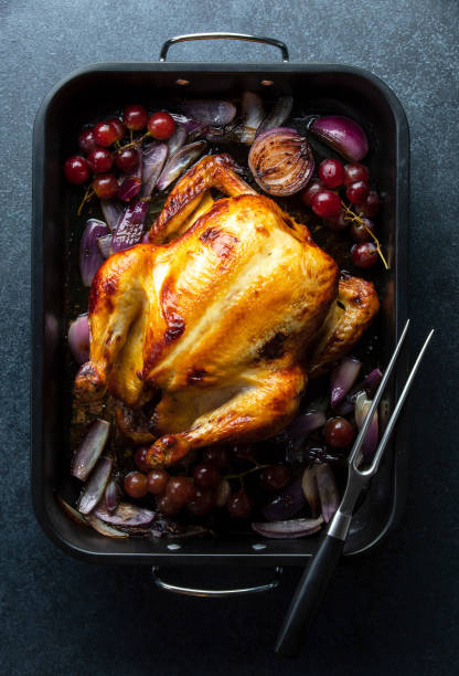 istock Fried chicken or turkey in a dark baking tray, top-down view 1334609894
