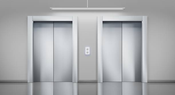 istock Metal elevators with closed cabin doors in hallway. Interior empty office lobby, hotel hall or corridor in house with passenger lifts and panel with chrome buttons. Realistic illustration, 3d render 1334609921