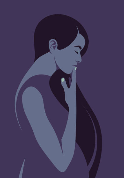 профиль грустной беременной женщины на темном фоне - human pregnancy depression sadness women stock illustrations