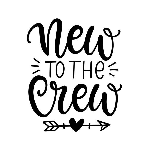 New to the Crew cute baby shower design New to the Crew cute baby shower design. Quote print, hand written modern calligraphy, isolated on white. Child Ink brush lettering. Poster, card, baby kids fashion. Vector illustration crewmembers stock illustrations