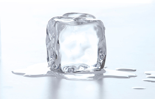 Melted ice cube and water isolated on white background,global warming concept.