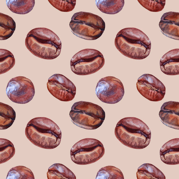 ilustrações, clipart, desenhos animados e ícones de padrão sem emenda feijão de café marrom aquarela em fundo bege. ingrediente de cafeína aroma para bebida quente. elemento de design de arte criativa para menu, cezve, cozinha, cafeteria, embalagem - coffee crop brown bean beige