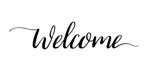 ilustrações de stock, clip art, desenhos animados e ícones de welcome calligraphy text. font for sign of home and work. lettering for banner, script and card. word for mat at home. design of typography for poster of wedding. logo for greeting. vector - welcome sign