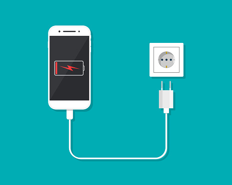 Charger with phone for charge battery of smartphone. Low level of charge in cellphone screen. Cable with plug, adapter and socket for empty battery. Power of energy in socket. Cartoon icon. Vector.