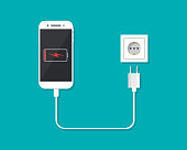 Charger with phone for charge battery of smartphone. Low level of charge in cellphone screen. Cable with plug, adapter and socket for empty battery. Power of energy in socket. Cartoon icon. Vector