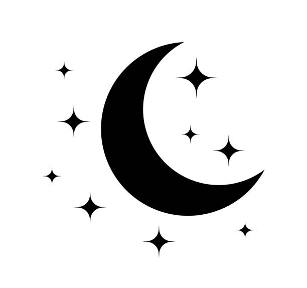 달과 별. 밤에 달의 검은 아이콘. 초승달과 별의 그림. 수면과 아기를위한 로고. 하얀 배경에 고립 된 천체 기호. 굿나잇과 라마단일러스트. 벡터 - moon stock illustrations