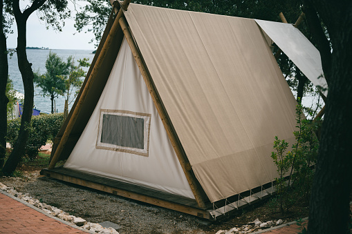 Glamping by Adriatic Sea, camp tent home on overcast day