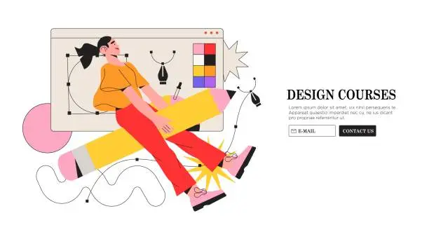 Vector illustration of Woman designer flying on pencil. Creative or educational process banner, ad, landing page or poster for web design studio or courses. Generating ideas, imagination, inspiration concept.