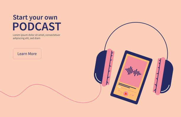 Headphones with phone Lay out of headphones with a phone playing a podcast podcast mobile stock illustrations