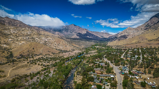 Arial View of Kern River surrounded by elegant mountains and trails