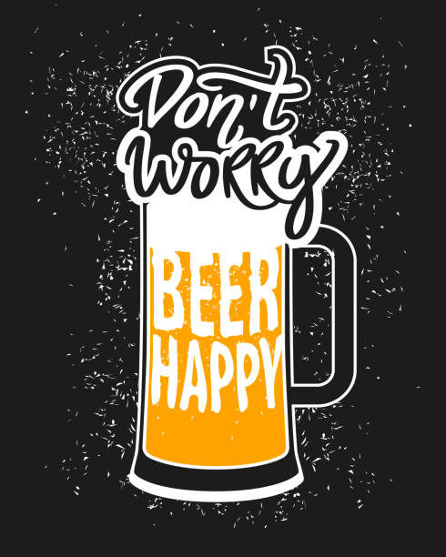 Don't worry beer happy. vector concept with beer mug. vintage dark poster. Funky quote. Slogan for print. International beer day. Beer Fest icon. Don't worry beer happy. vector concept label with beer mug. vintage dark poster. Funky beer quote. Slogan for print on tee, flyer, poster design, mug. International beer day label. Beer Fest icon. background of a cheers beer mugs stock illustrations
