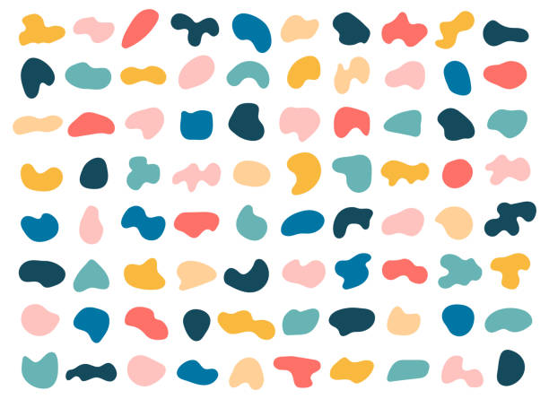 illustrazioni stock, clip art, cartoni animati e icone di tendenza di forme liquide astratte, blob casuali organici, elementi fluidi. bolla colorata, splodge, goccia. insieme vettoriale di forma geometrica arrotondata irregolare - macchia