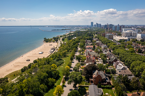 Aerial view of the homes along North Wahl Avenue in Milwaukee Wisconsin. Includes Lake Park, Bradford Beach, Lake Michigan and downtown Milwaukee skyline.