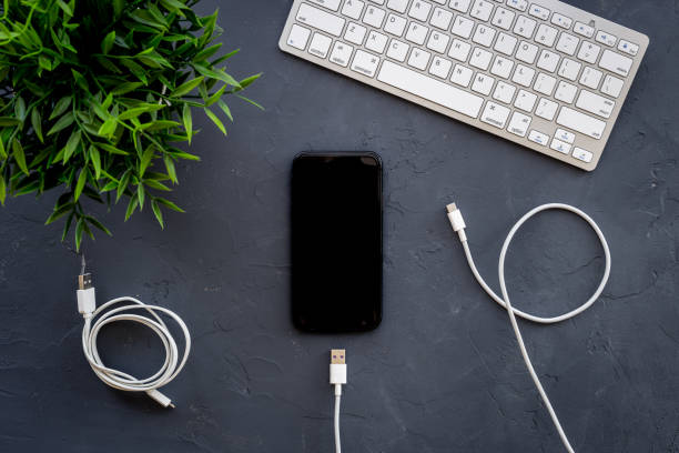 istock Cables for charging smartphone or laptop, top view 1334626693