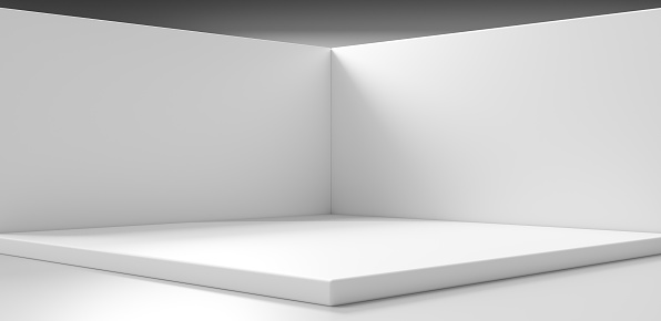 Fondo de producto blanco y espacio en blanco vacío esquina de la pared de la habitación abstracta minimal diseño moderno pantalla en la plataforma interior del escenario pedestal podio escenario telón de fondo con escaparate de estudio. Renderizado 3D. photo