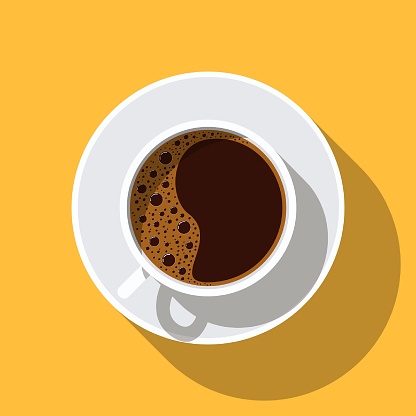 Coffee cup with saucer and shadow. Top view. Hot coffee drink mug - espresso, americano. Coffee with foam. Breakfast concept. Beverage menu for restaurant or cafe. Vector illustration