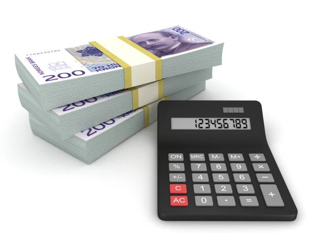 norwegian krone money finance loan calculator - norwegian coin imagens e fotografias de stock