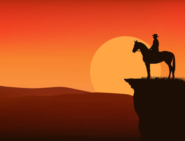 vektorsilhouette von cowboy und pferd, die gegen die abendsonne bei sonnenuntergang auf der klippe stehen - silhouette landscape cliff mountain stock-grafiken, -clipart, -cartoons und -symbole