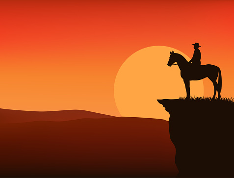 wild west sunset landscape scene - vector silhouette design with cowboy and horse standing at cliff top agaisnt setting sun disk