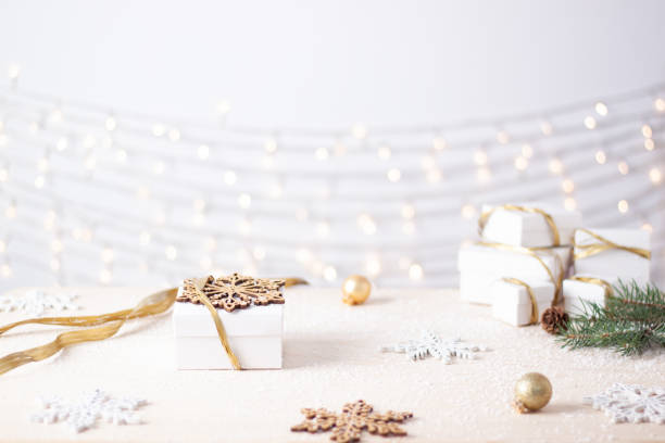 istock Christmas decorations with gifts on white background. Close up, copy space 1334631018