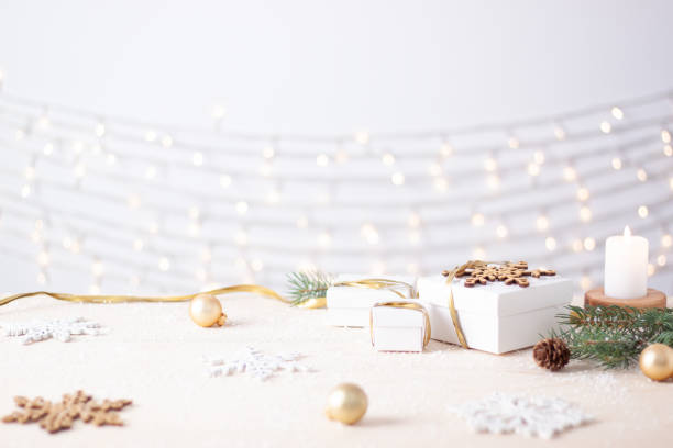 istock Christmas decorations with gifts on white background. Close up, copy space 1334631059