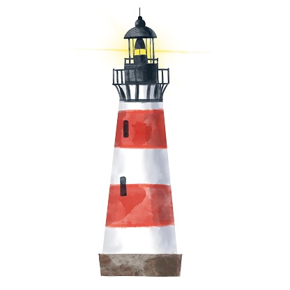 Striped red and white lighthouse - watercolor illustration isolated on white background, hand drawn clipart. Illustration for clothes, stickers, baby shower, greeting cards, prints. High quality illustration