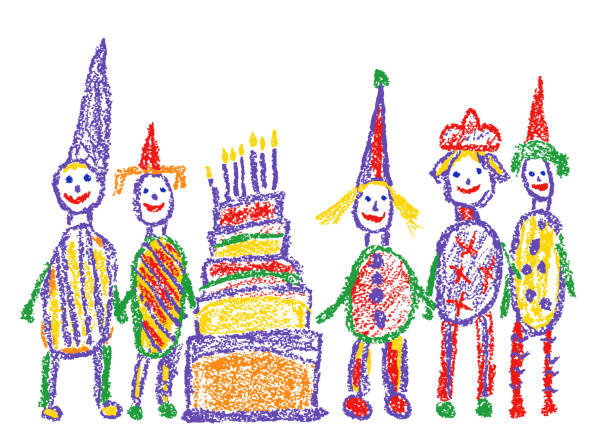 ilustrações de stock, clip art, desenhos animados e ícones de birthday holiday happy family and candle cake. like child`s hand drawn home party or play day. - child art childs drawing painted image