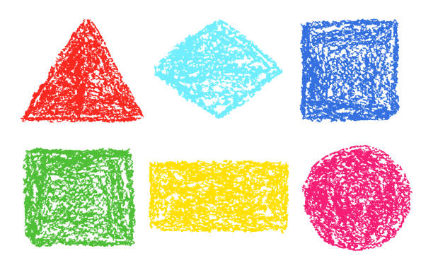 kredka ręcznie rysowana okrągły, kwadratowy, trójkątny zestaw elementów wzoru. - kredka pastelowa stock illustrations
