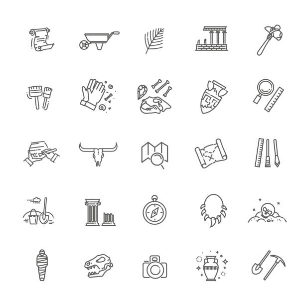 ilustrații de stoc cu schiță icoane negre stabilite în stil de design modern subțire, simboluri vectoriale contur linie plană - colecție de arheologie - ancient civilization