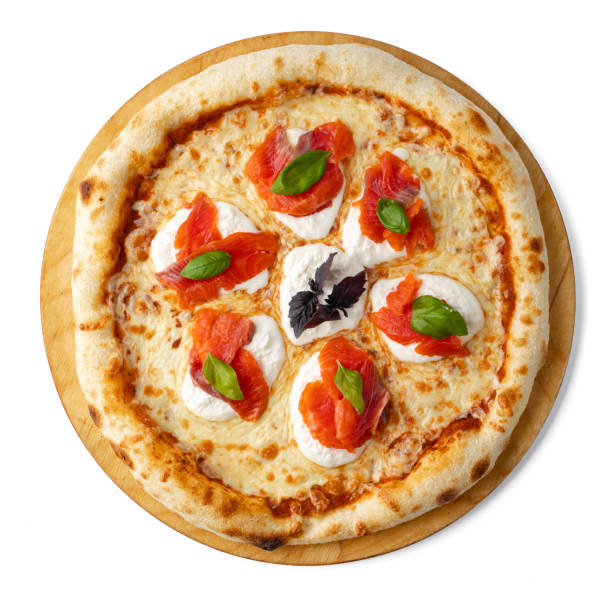白い背景のトップビューで孤立したピザマルゲリータ - foods and drinks isolated on white basil cooked ストックフォトと画像