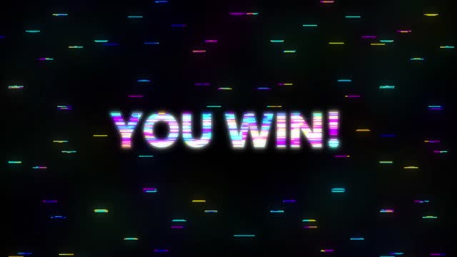 You win glitch text. Anaglyph 3D effect. Technological retro background. Motion graphics.
