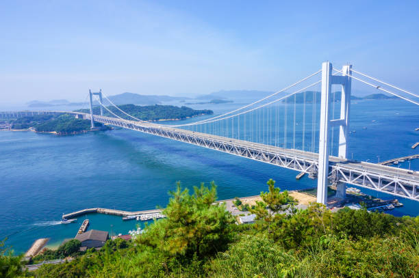 A panoramic view of the blue sky and the Seto Bridge taken from the Washuzan view A panoramic view of the Seto Ohashi Bridge that traverses the blue sky and the Seto Inland Sea, taken from the view of Mt. Washuzan in Okayama okayama prefecture stock pictures, royalty-free photos & images