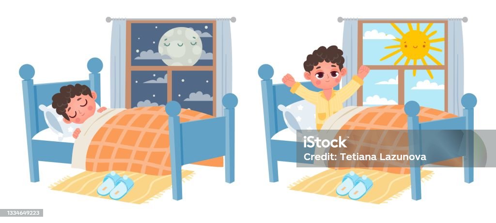Ilustración de Niño De Dibujos Animados Dormir Por La Noche Despertarse Por La Mañana Niño En La Cama Y Ventana Con Luna O Sol Dulces Sueños Y Concepto De Vector De Sueño Ilustración de Niño De Dibujos Animados Dormir Por La Noche Despertarse Por La Mañana Niño En La Cama Y Ventana Con Luna O Sol Dulces Sueños Y Concepto De Vector De Sueño