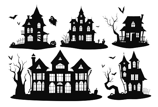 Collection silhouettes of haunted houses vector flat illustration. Set of scary house with bat, ghost and pumpkin isolated. Exterior of monochrome spooky building for Halloween. Mythical and monsters