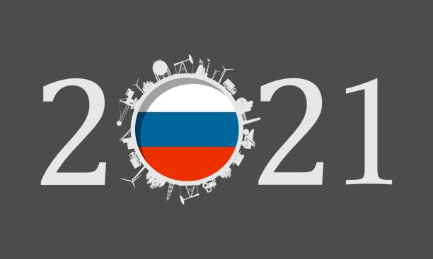 2021 year number with industrial icons around zero digit Industrial lettering design. Flag of Russia. зарплаты медиков 2022 stock illustrations